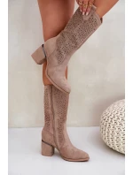 Dámské perforované kozačky do poloviny lýtka ve stylu kovbojek S.Barski – béžové, eko kůže Dámské perforované kozačky do poloviny lýtka ve stylu kovbojek S.Barski – béžové, eko kůže