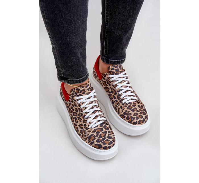 Kožené sneakerky na platformě s leopardím vzorem Zazoo 3346 hnědo-červené