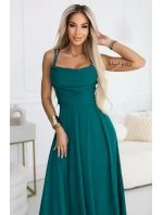 Maxi šaty bez ramínek s zavazováním na zádech a rozparkem lahvově zelené model 21956242 - numoco