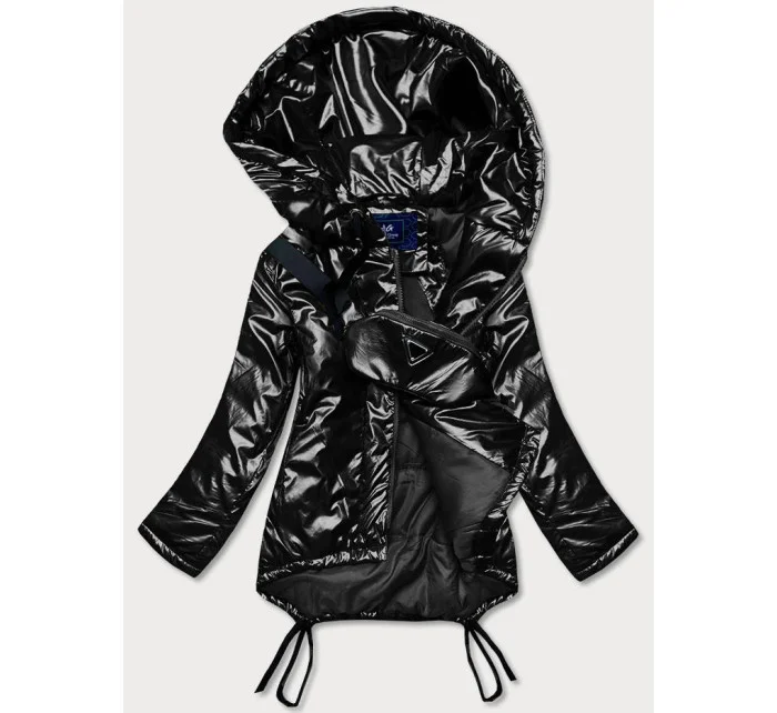 Černá krátká dámská zimní bunda s ledvinkou (omdl-018)