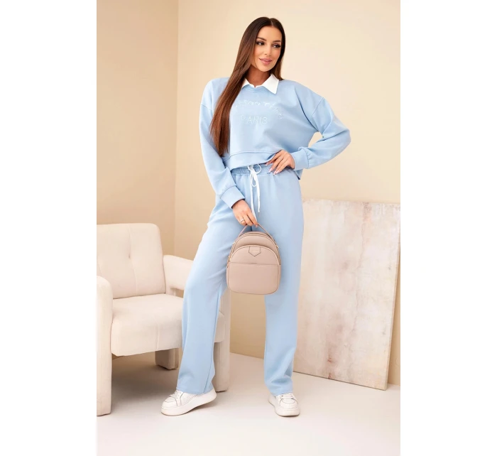 Dámský komplet máslová mikina s límečkem a rovné kalhoty modrý
