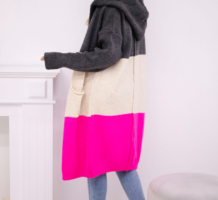 Pruhovaný svetr s kapucí grafit + béžová + růžová neonová