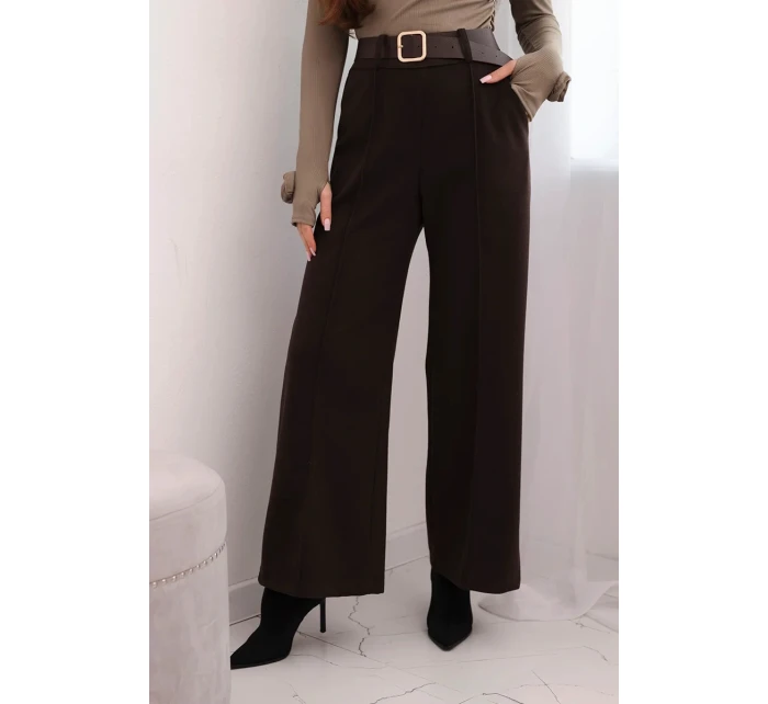 Dámské elegantní kalhoty s páskem a širokou nohavicí hnědé Dámské elegantní kalhoty s páskem a širokou nohavicí hnědé