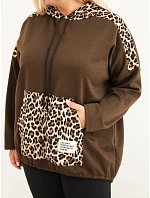 Dámská mikina Plus Size z viskózy s kapucí a leopardími vsadkami hnědá Dámská mikina Plus Size z viskózy s kapucí a leopardími vsadkami hnědá