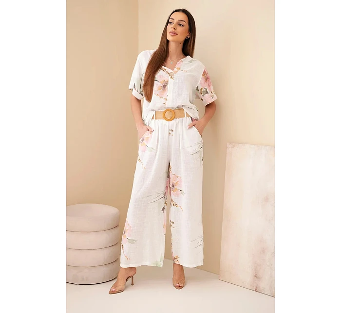 Dámský bavlněný komplet s krátkým rukávem a širokými nohavicemi bílý