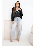 Dámský bavlněný ažurový svetr zapínaný na knoflíky s výstřihem do V černý