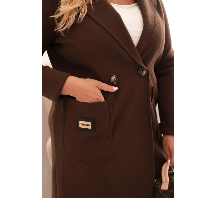 Dámský elegantní kabát Plus Size s límcem a velkými kapsami hnědý Dámský elegantní kabát Plus Size s límcem a velkými kapsami hnědý