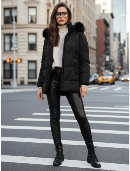 Dámská zimní prošívaná bunda s kapucí černá model 21993718 - Dstreet