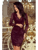 Dámské krajkové šaty v tmavě švestkové barvě s dlouhými rukávy a výstřihem 170-10