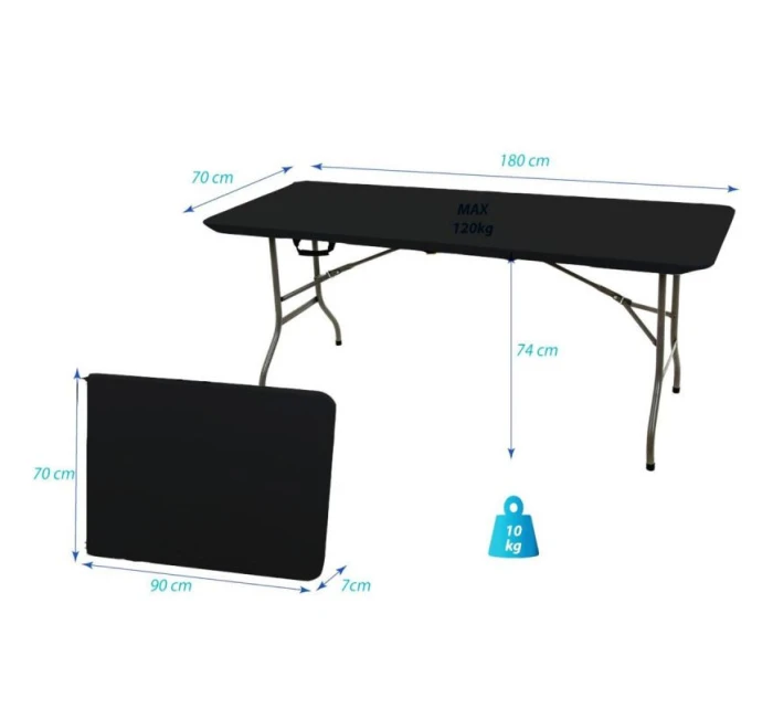 SKLÁDACÍ STŮL V Kufru 180x70x74CM MAX.100KG ČERNÝ