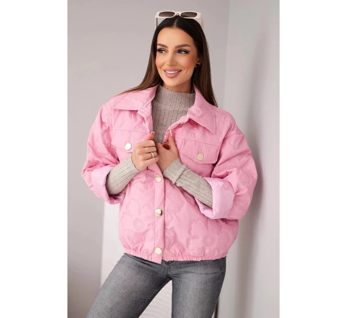 Dámská jarní prošívaná bunda s květinovým vzorem světlé růžové