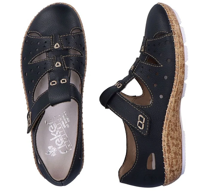 Dámská kožená pohodlná obuv na suchý zip s otevřenou špičkou černá Rieker 44852-14 Dámská kožená pohodlná obuv na suchý zip s otevřenou špičkou černá Rieker 44852-14