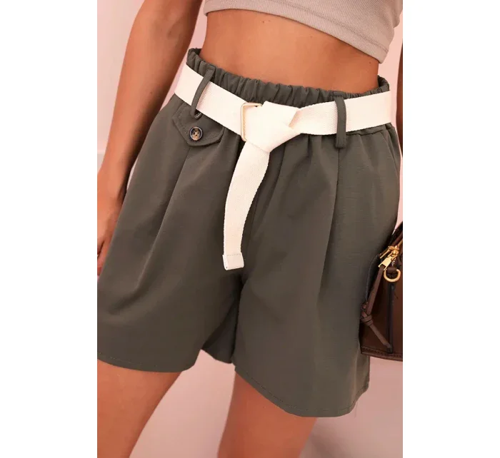 Dámské šortky s vysokým pasem a páskem khaki