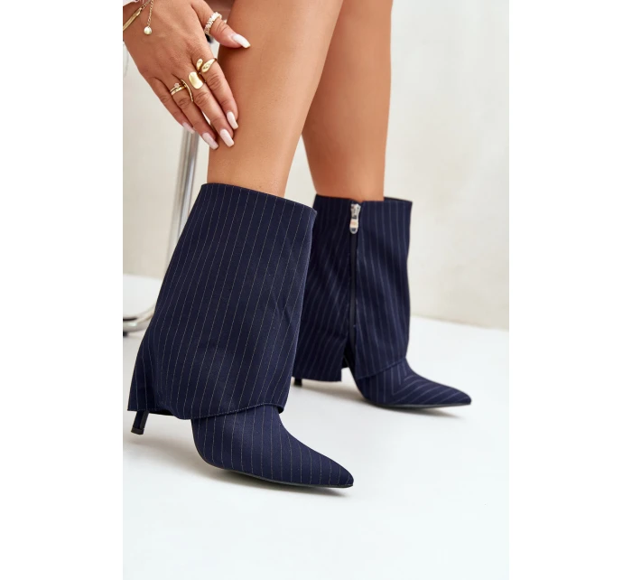 Dámské boty s pruhy na jehlách s ohrnutým svrškem a  tmavě modré model 21670406 - Boto