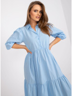 Bavlněné midi šaty RUE PARIS světle modré barvy s volánem