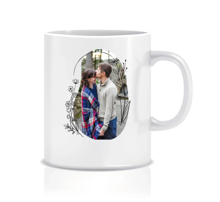 Personalizovaný klasický bílý keramický hrníček 300 ml s květinovým ohraničením