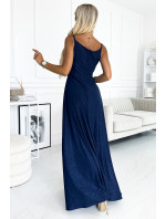 CHIARA - Tmavě modré elegantní dámské maxi šaty na ramínkách s brokátem 299-10