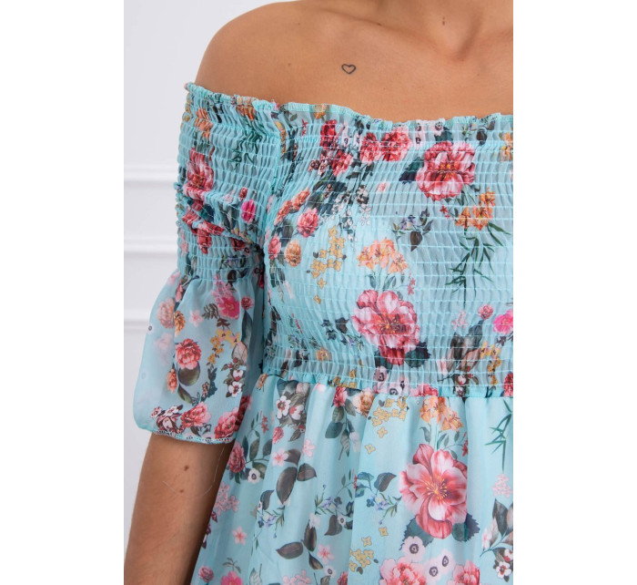 Šaty na ramena s mátovým květinovým vzorem