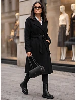 Dlouhý dámský dvouřadý kabát s páskem, černý, FashionStreet NY0806 Dlouhý dámský dvouřadý kabát s páskem, černý, FashionStreet NY0806
