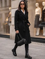 Dlouhý dámský dvouřadý kabát s páskem, černý, FashionStreet NY0806
