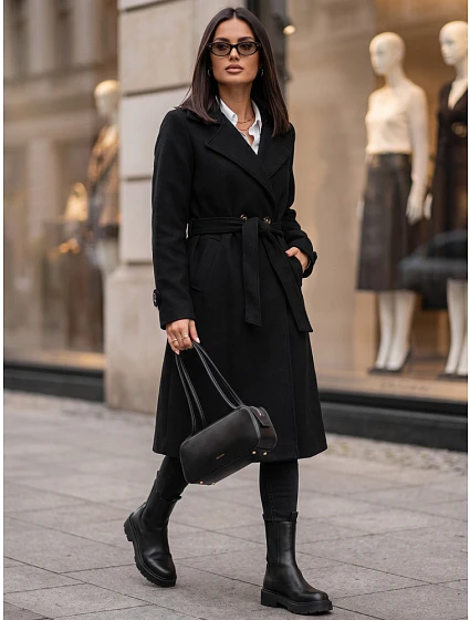Dlouhý dámský dvouřadý kabát s páskem, černý, FashionStreet NY0806 Dlouhý dámský dvouřadý kabát s páskem, černý, FashionStreet NY0806