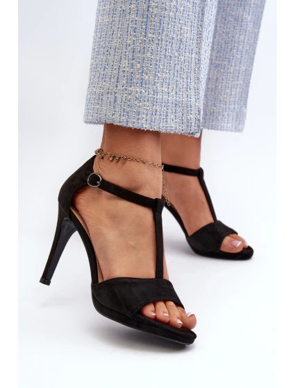Dámské sandály na podpatku z eko semiše černé model 21658231 - VINCEZA