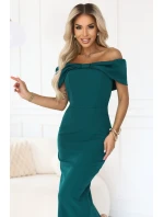 644-1 Smyslné španělské šaty midi s mašlí ve výstřihu - lahvově zelené 644-1 Smyslné španělské šaty midi s mašlí ve výstřihu - lahvově zelené