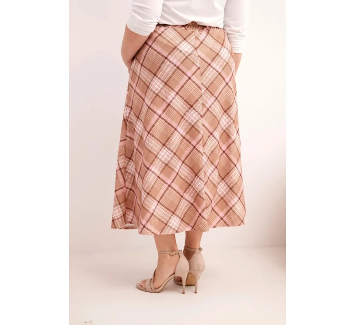 Dámská sukně Plus Size v kostkovaném vzoru s širokým lemem camelová