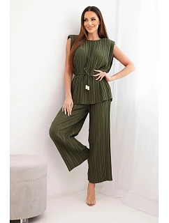 Dámský viskózový plisovaný komplet s vázací halenkou a širokými kalhotami khaki