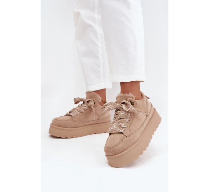 Šněrovací dámské sněhule na platformě zateplené kožíškem béžové Tavelle Šněrovací dámské sněhule na platformě zateplené kožíškem béžové Tavelle