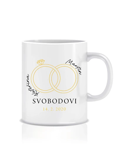 Personalizovaný klasický bílý keramický hrníček 300 ml s prstýnky a jmény Personalizovaný klasický bílý keramický hrníček 300 ml s prstýnky a jmény