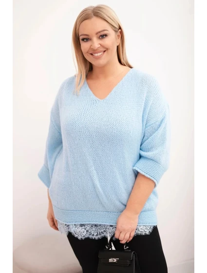 Dámský komplet svetr s výstřihem do V a viskózová blůza s krajkovým lemem modrý Dámský komplet svetr s výstřihem do V a viskózová blůza s krajkovým lemem modrý