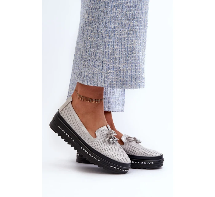 Lesklé dámské kožené mokasíny na platformě S.Barski Silver Lesklé dámské kožené mokasíny na platformě S.Barski Silver