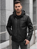 Pánská kožená zateplená bunda s kapucí, černá, FashionStreet TX5149 Pánská kožená zateplená bunda s kapucí, černá, FashionStreet TX5149