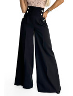 Elegantní černé dámské široké kalhoty s vysokým pasem a zlatými knoflíky model 18848573 - numoco