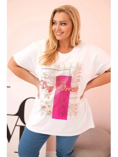 Dámská bavlněná halenka Plus Size s potiskem  bílá + růžová model 21175967 - K-Fashion