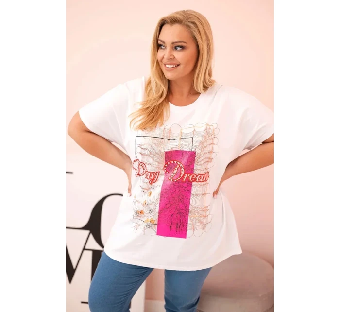 Dámská bavlněná halenka Plus Size s potiskem  bílá + růžová model 21175967 - K-Fashion