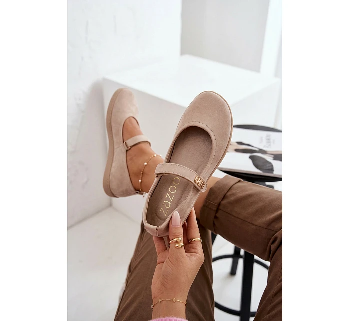 Kožené semišové baleríny Barefoot s páskem Zazoo 10206 béžové