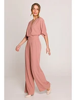 S395 Kombinéza se širokými nohavicemi a zavinovacím výstřihem - růžová