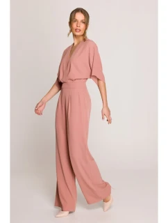 S395 Kombinéza se širokými nohavicemi a zavinovacím výstřihem - růžová