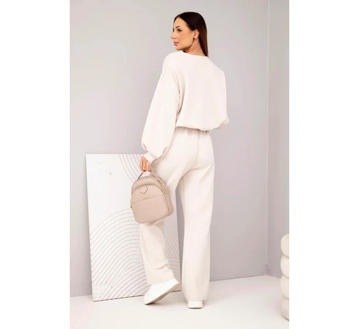 Dámský komplet máslová mikina s broží a kalhoty s rovnou nohavicí béžový