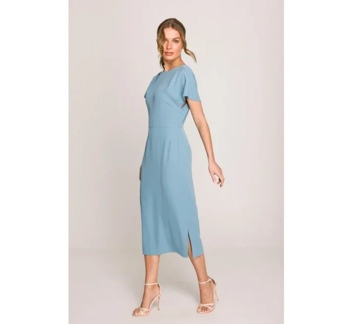 S398 Tužkové šaty s rozparkem na boku - nebesky modré