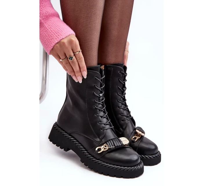 Dámské kožené pracovní kotníkové boty s ozdobou, černá S.Barski Dámské kožené pracovní kotníkové boty s ozdobou, černá S.Barski