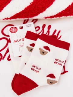 Dámské vánoční ponožky s medvídky v čepici Santa – bílé
