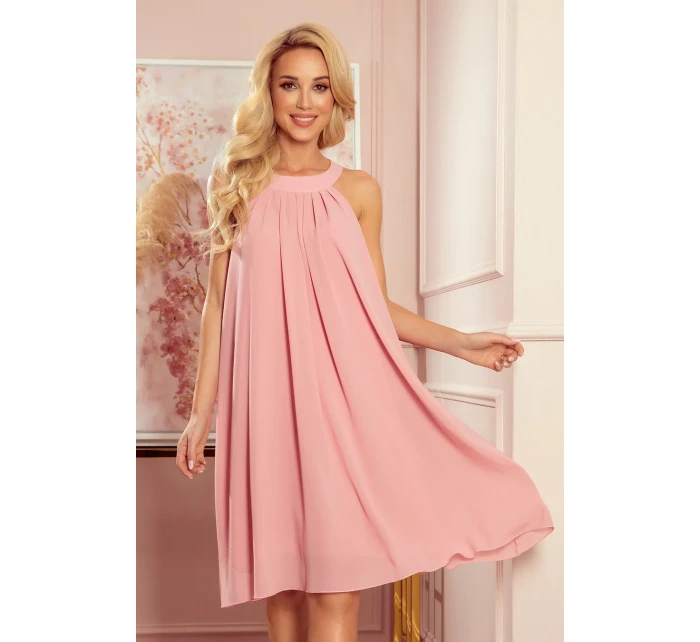 ALIZEE - dámské šifonové šaty v pudrově růžové barvě s vázáním 350-2