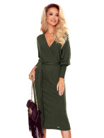 Přeložené obálkové dámské svetříkové šaty v khaki barvě s proužky a zavazováním 356-2