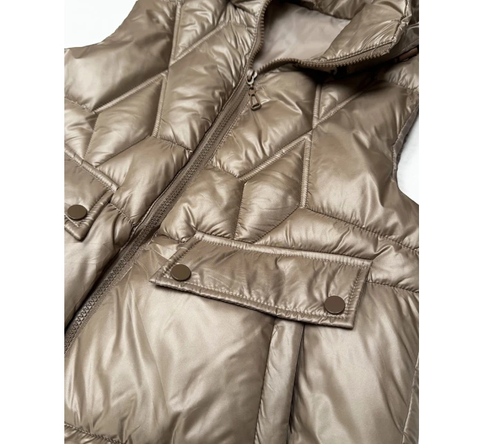 Krótki bezrękawnik damski z odpinanym kapturem Goodlookin beżowy (B8258-12)