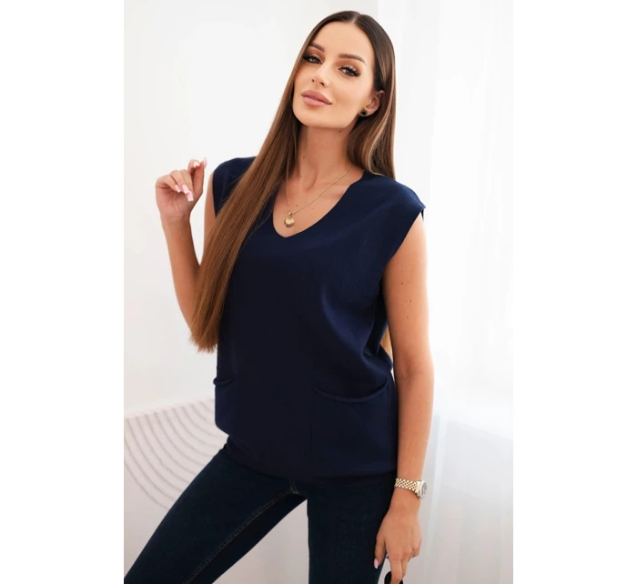 Dámský viskózový svetr bez rukávů s kapsami a výstřihem do V modrý Dámský viskózový svetr bez rukávů s kapsami a výstřihem do V modrý