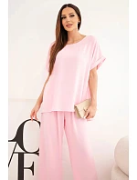 Dámský komplet Plus Size halenka a kalhoty se širokou nohavicí bonbónově růžová