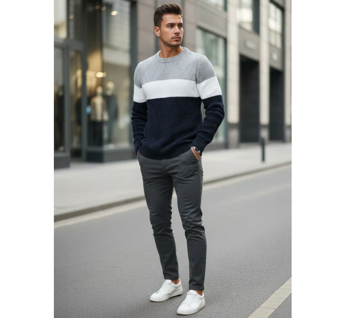 Pánský svetr s kulatým výstřihem šedý tmavě modrý Dstreet model 21994012 - FashionStreet